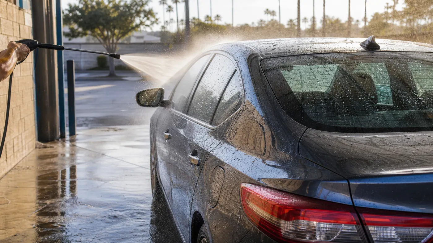 Water spots and road film on a car hood after a Southern California rainstorm — South Bay car care guide.