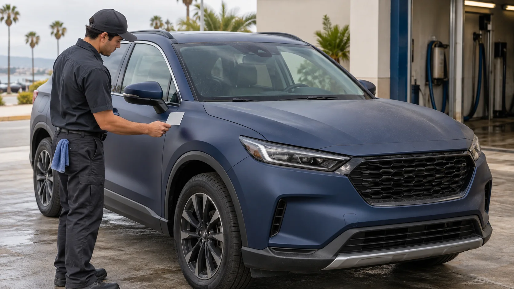 Wash attendant checking the care instructions beside a matte navy South Bay crossover before washing.