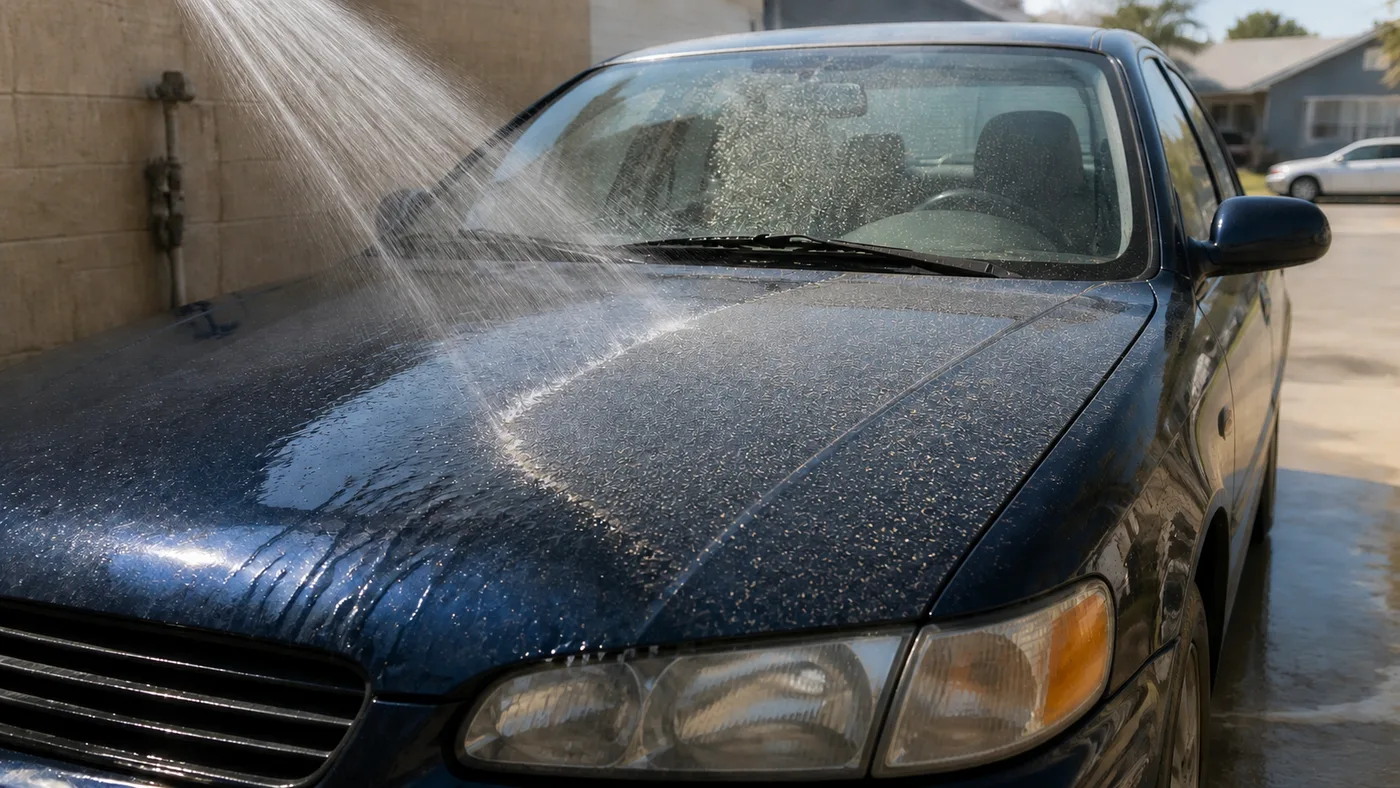Broad rinse water lifting a light pollen film from a dark blue sedan hood.