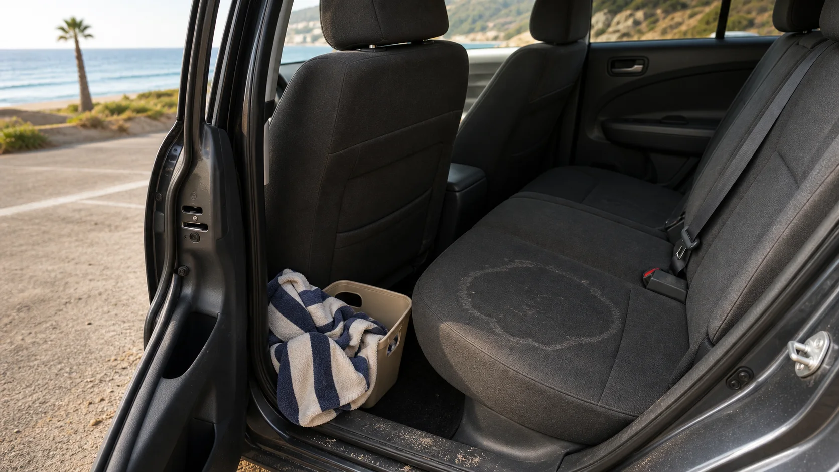 Pale saltwater tide ring on a dark cloth rear car seat after a South Bay beach trip.