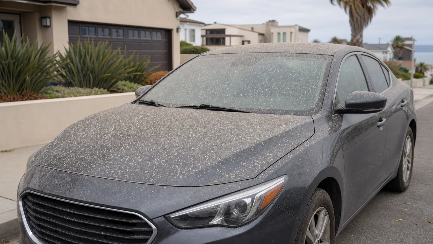 Dark gray sedan with a light layer of wildfire ash on the hood, roof, and windshield near the South Bay coast.