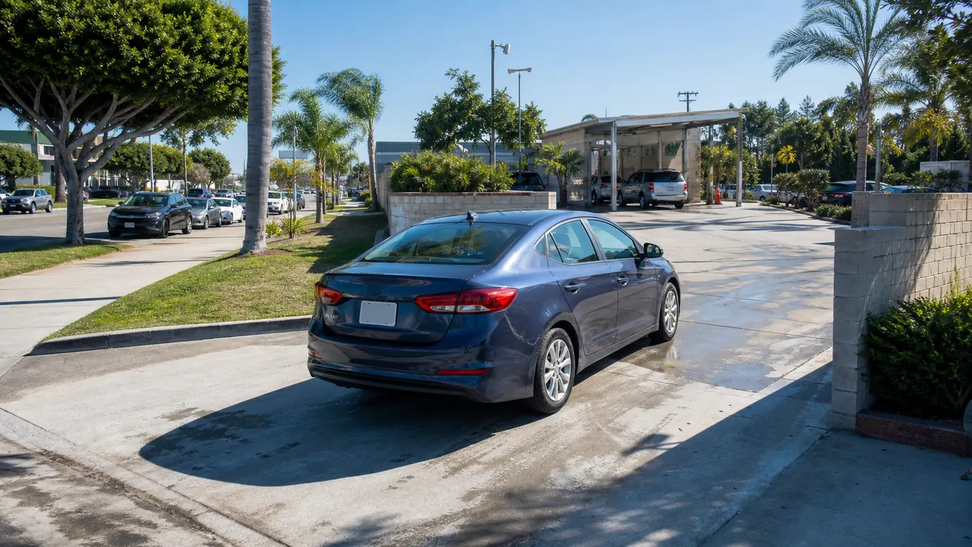 Car pulling into a neighborhood car wash driveway from a sunny street.