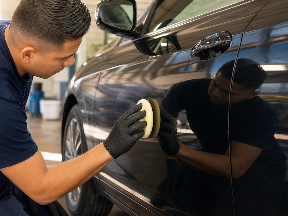 Detailer hand-polishing a glossy black car panel.