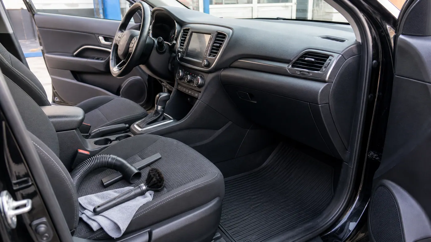 Clean car interior after an interior detail with detailing tools nearby.