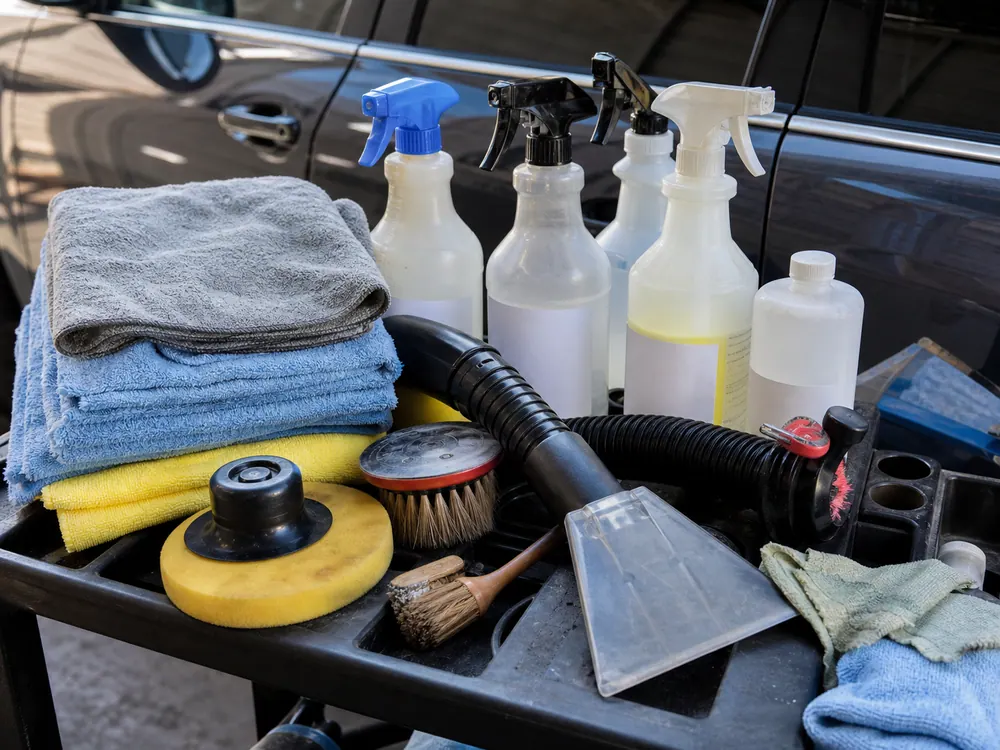 Microfiber towels, brushes, bottles, and polishing tools on a detail cart.