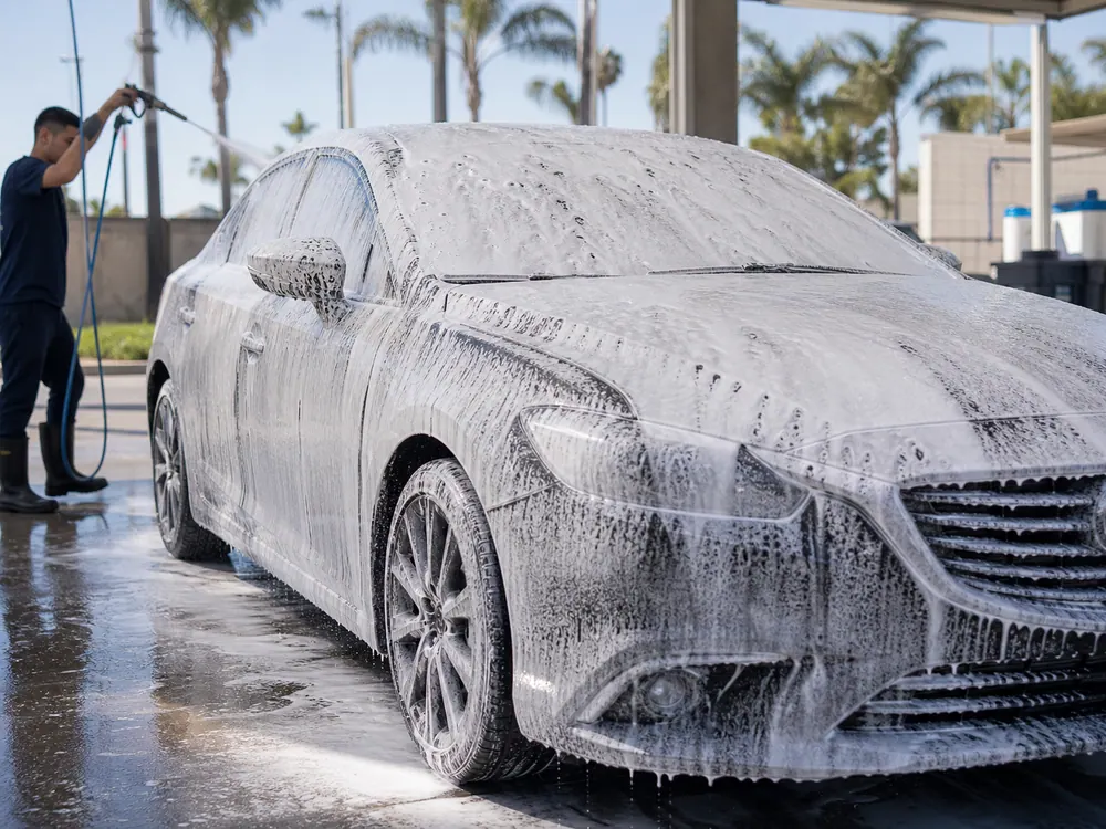 Car covered in foam during an exterior wash.