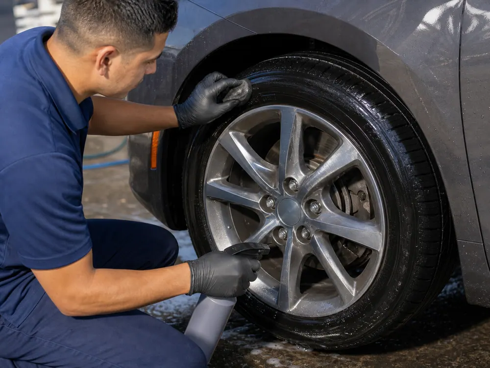 Worker cleaning a wheel and tire during a wash detail.