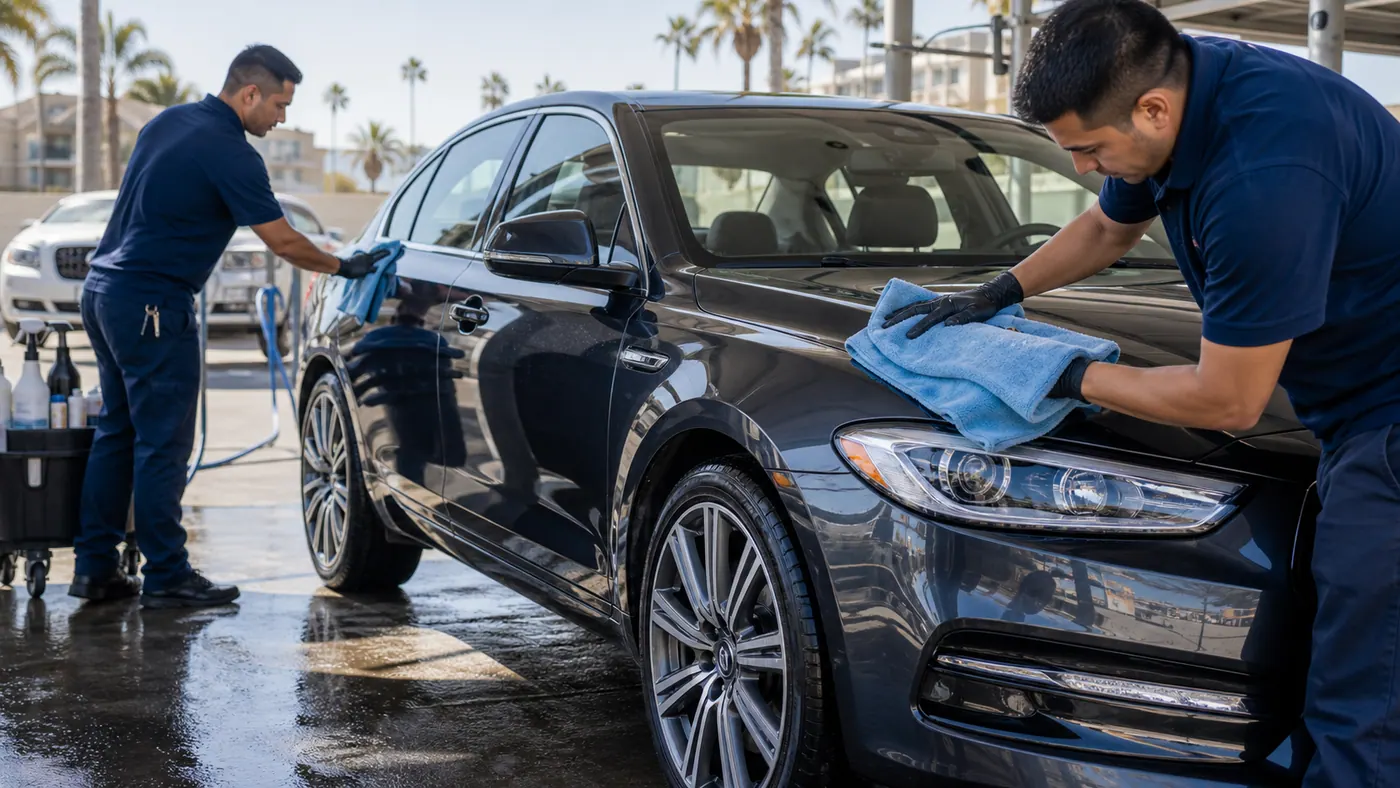 Polished sedan receiving a final hand-dry finish in sunny daylight.