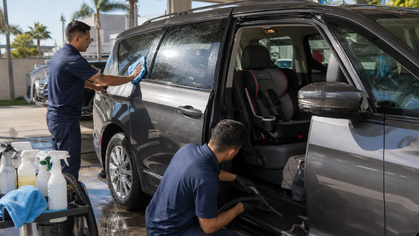 Family SUV being cleaned with hand-dry and interior service cues.