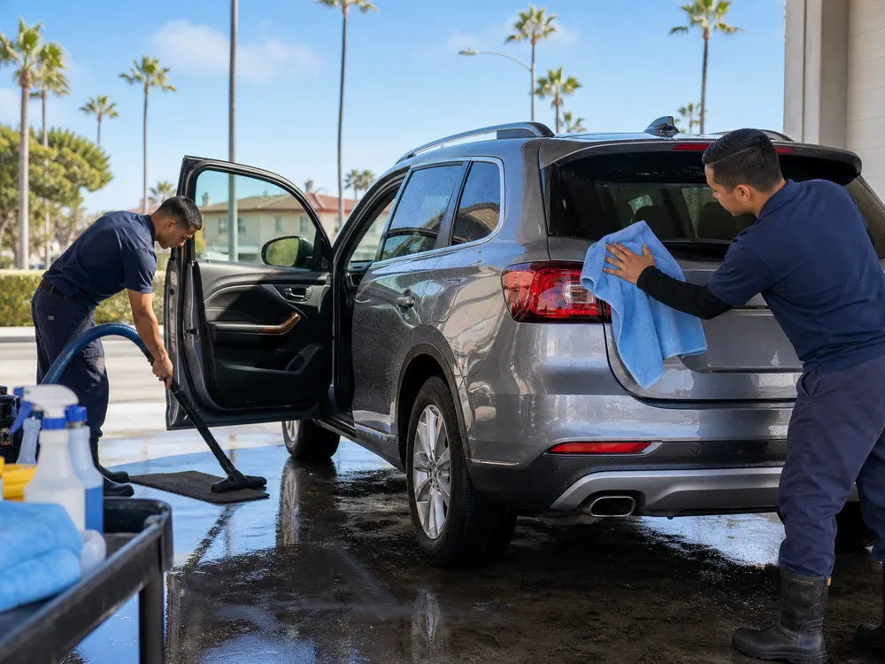 Full-service wash with hand dry and interior vacuum work on a family car.