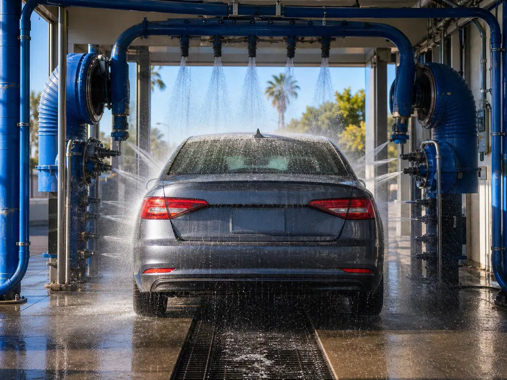 Car in a quick exterior rinse and power-dry wash bay.